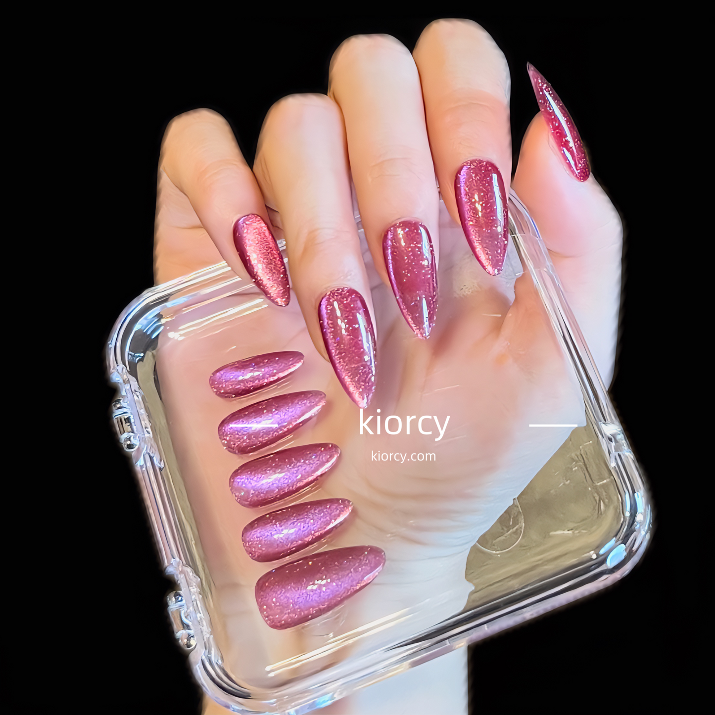 Rose Red Cat eye Press-on Nails , Almond nail shape.