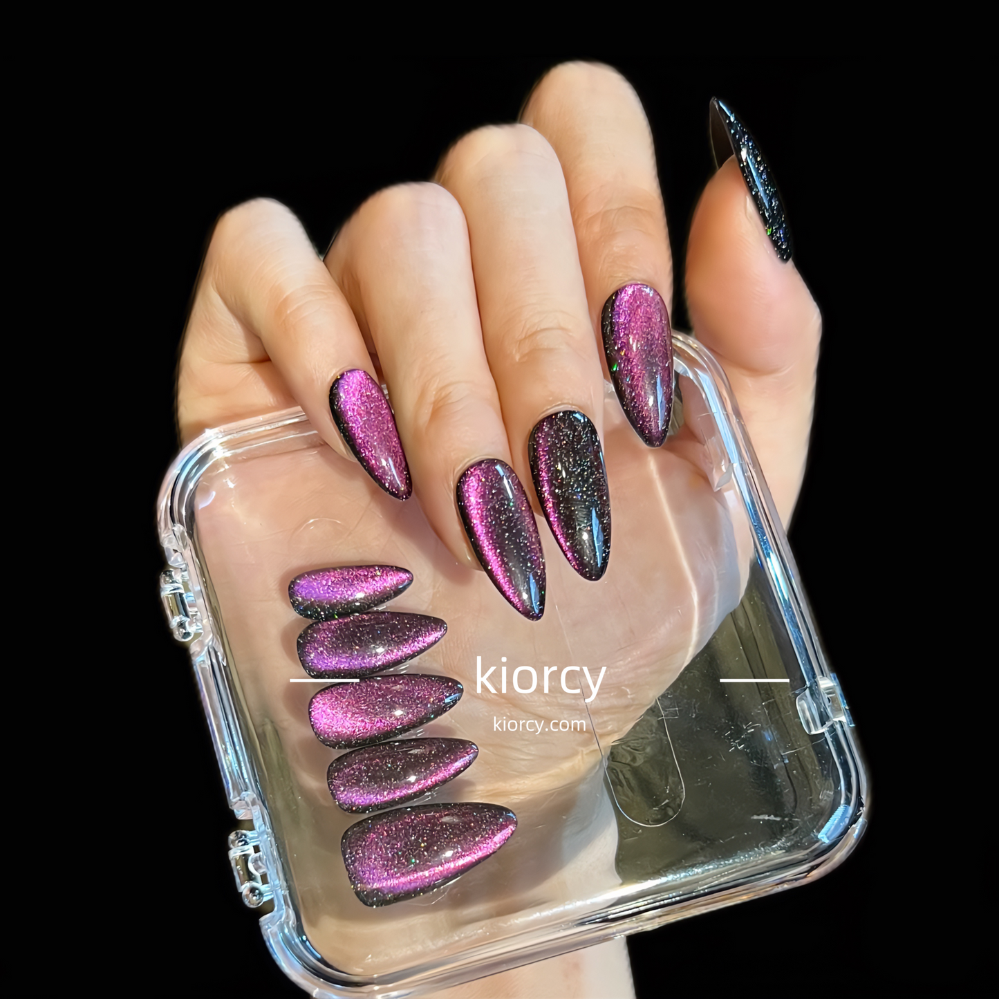Purple Cat eye Press-on Nails , Almond nail shape.