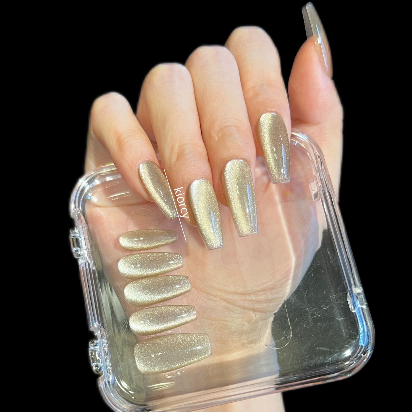Champagne Cat eye Press-on Nails,Coffin nail shape.