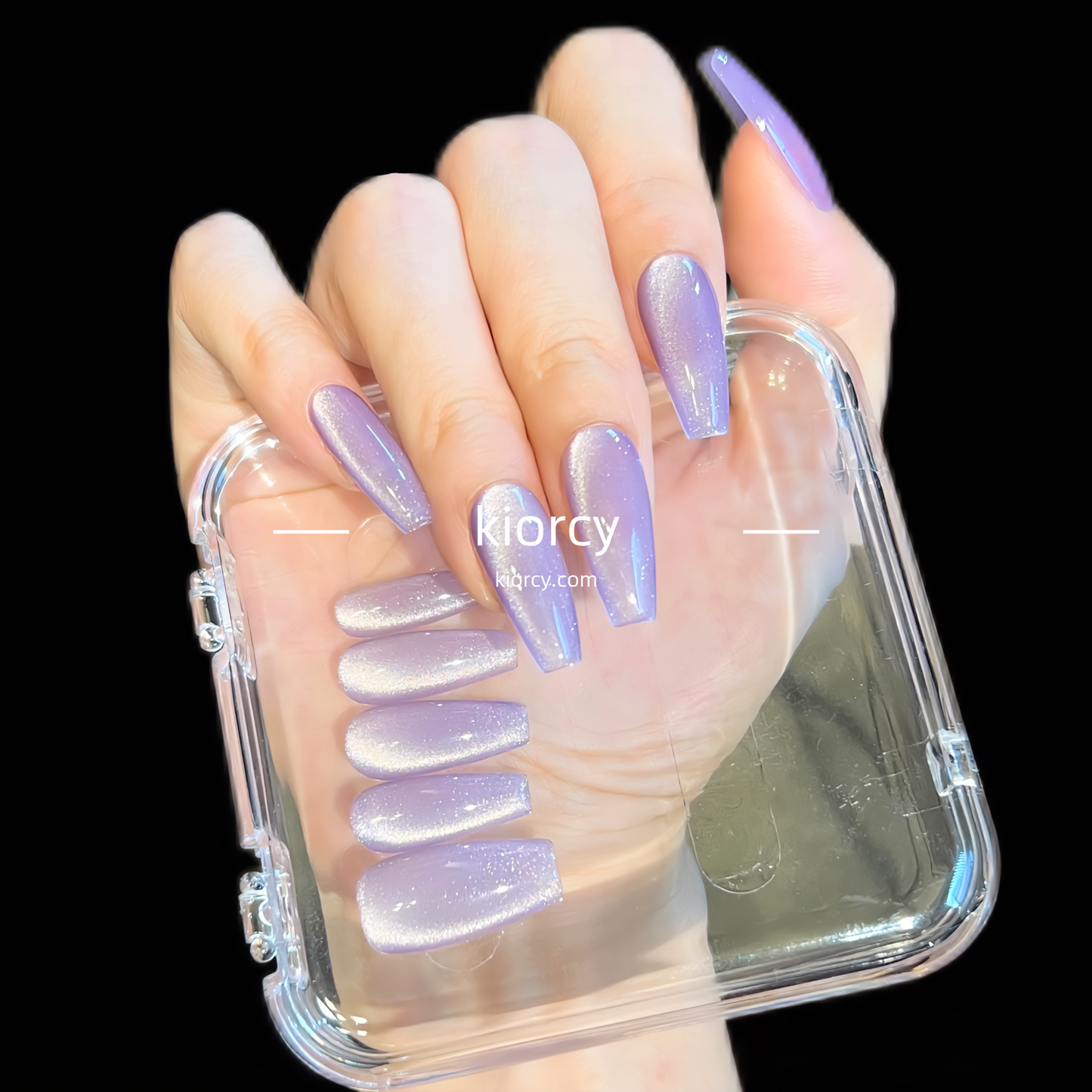 Translucent light purple Cat eye Press-on Nails ,Coffin nail shape.