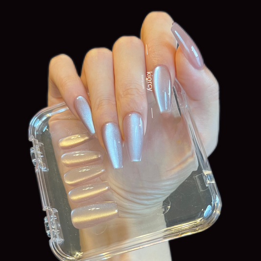Luxury pink/nude color Cat eye Press-on Nails ，Coffin nail shape.