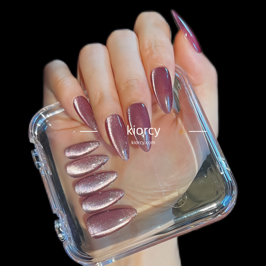 Rose purple Cat eye Press-on Nails ， Almond nail shape.