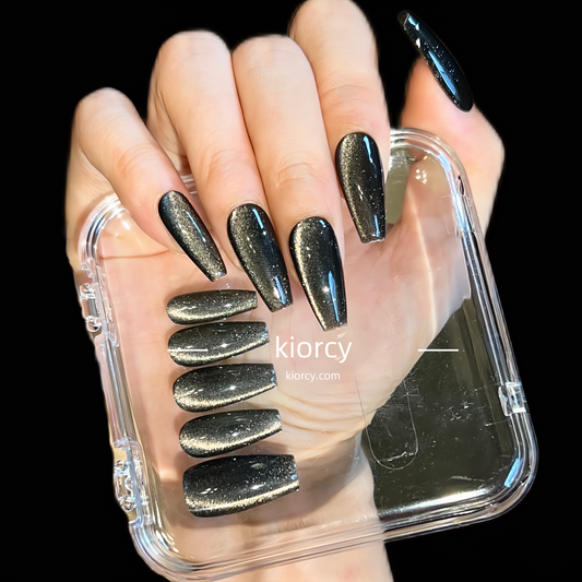 Black Cat eye Press-on Nails ，Coffin nail shape.