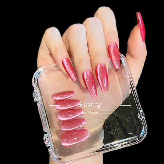 Bright rose red Cat eye Press-on Nails ，Coffin nail shape.